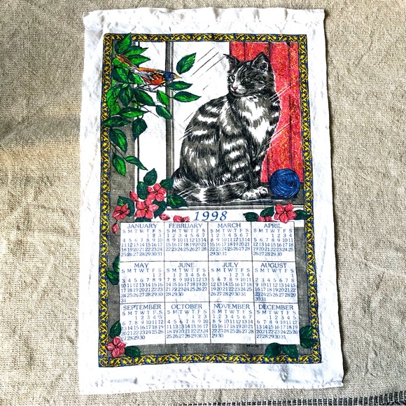 Vintage 1998 Calendar Tea Towel with Cat and Bird - Picture 1 of 3